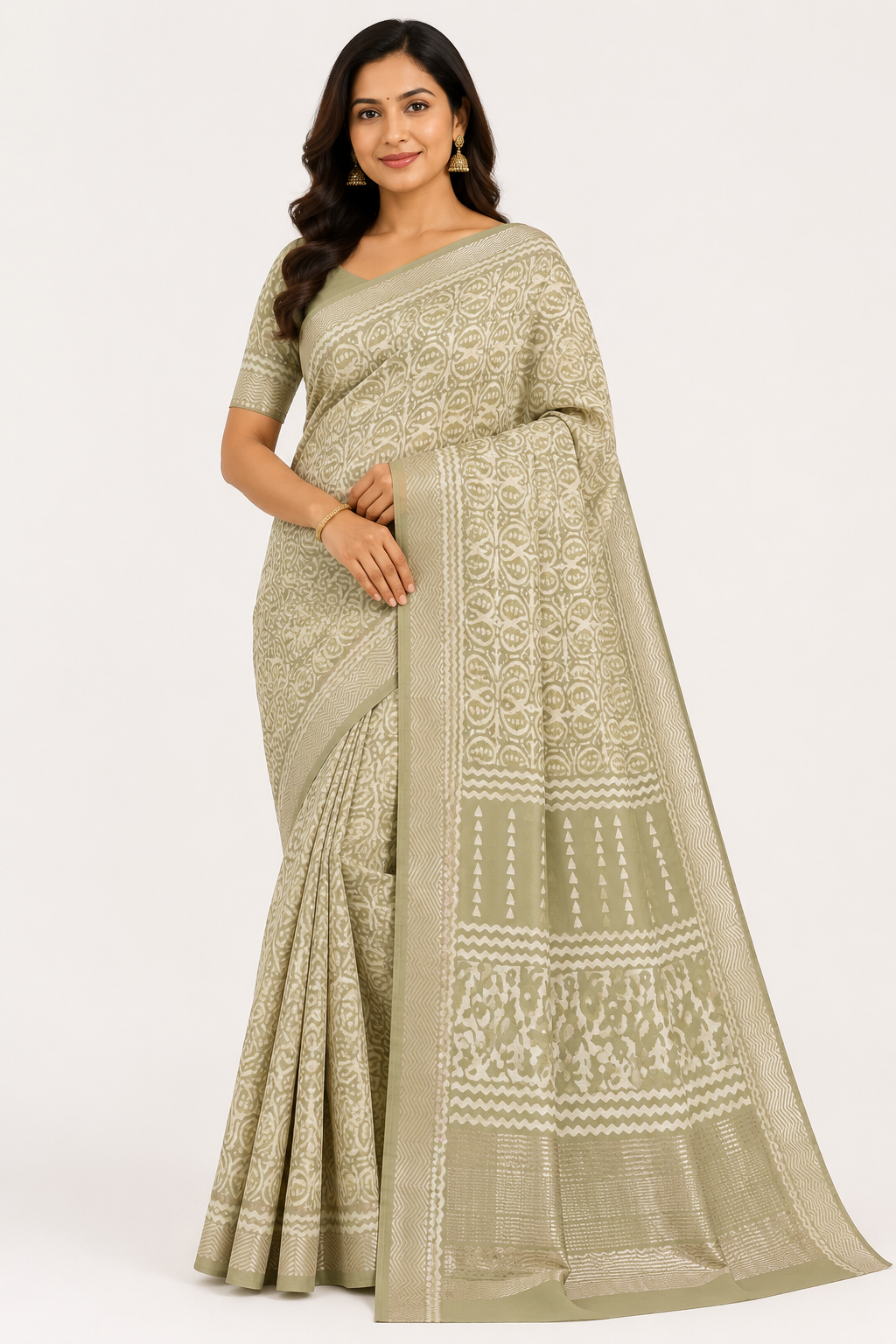 Bagru Silk Printed Saree| Beige