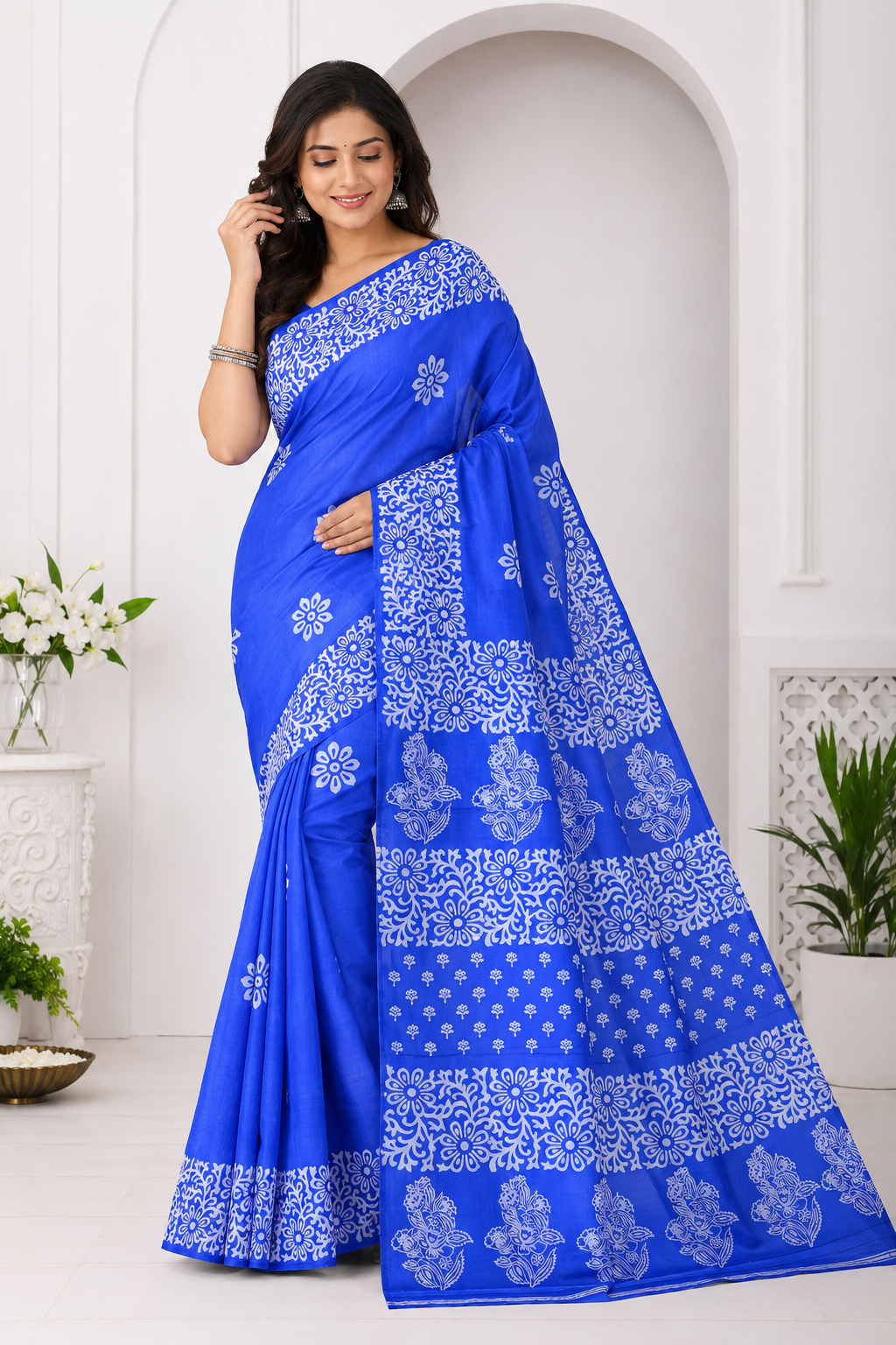Printed Pure Katan Silk With Silkmark | Blue
