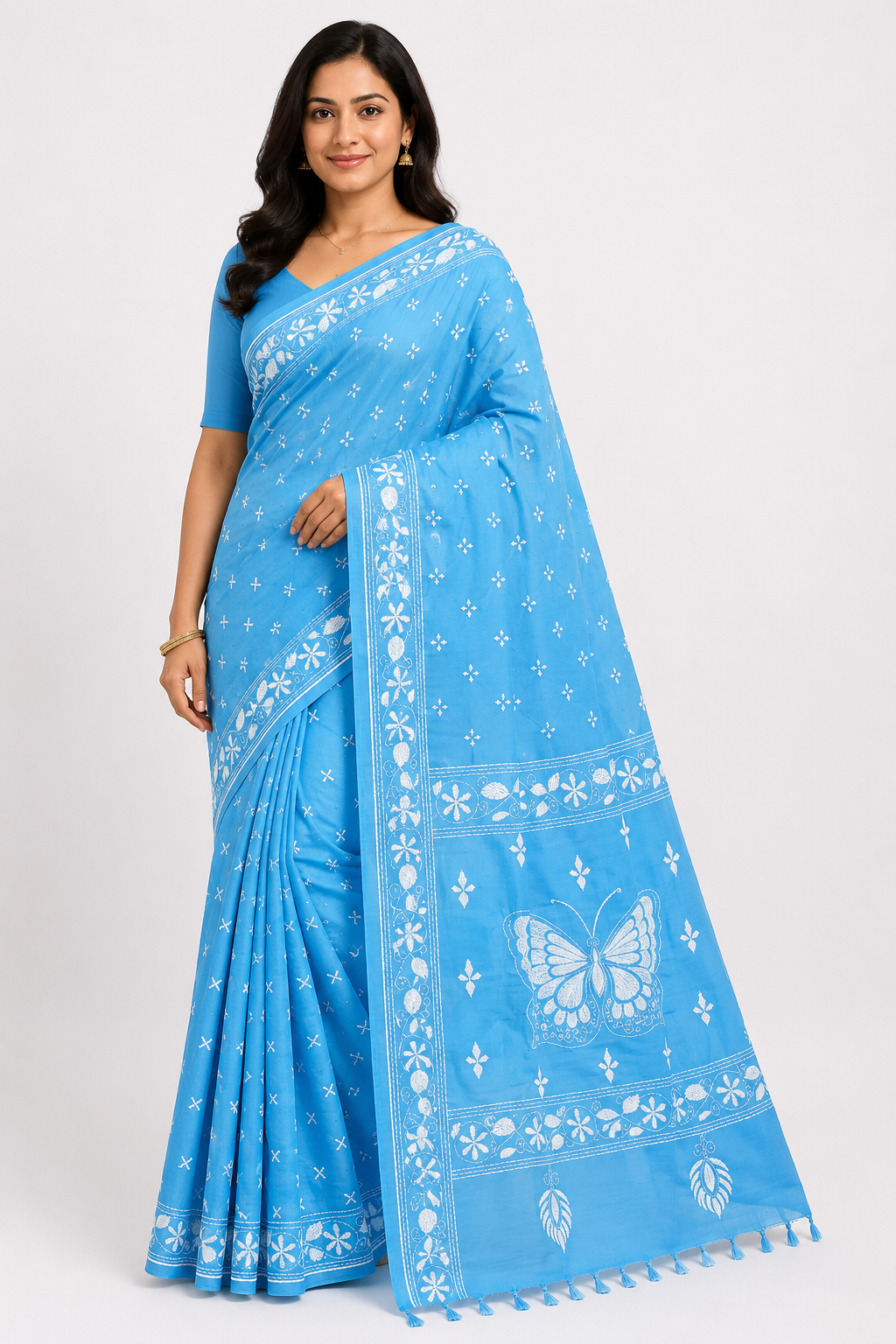 Hand Katha Stitch Silk Saree| Blue