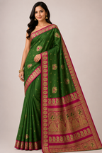 Semi Sawrnachuri Raw Silk Saree| Green
