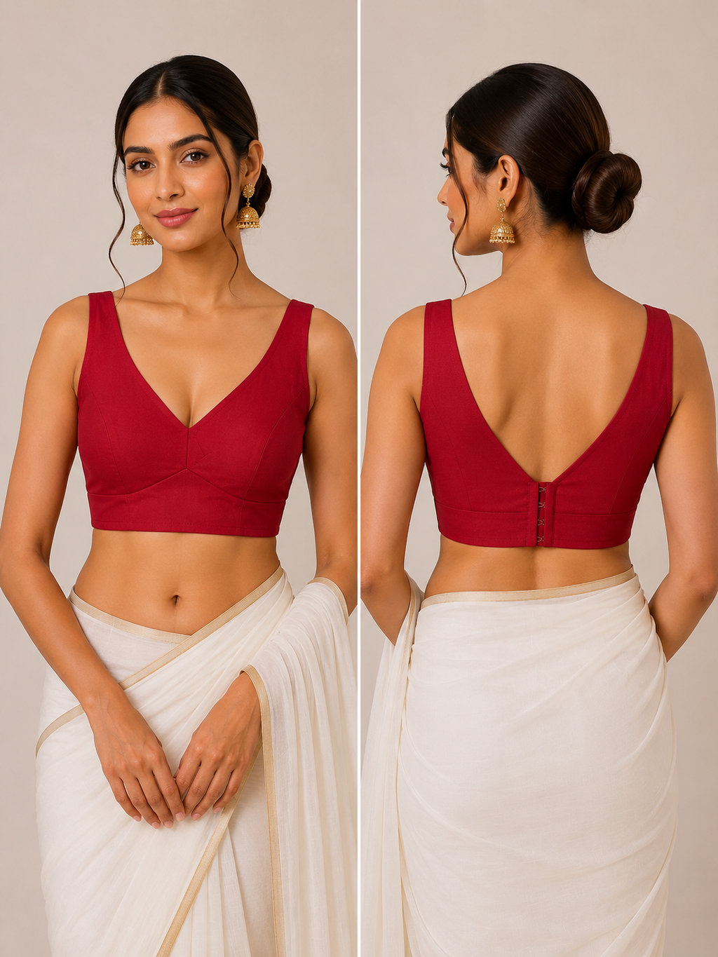 Premium V Neck Sleeveless Silk Blouse | Red