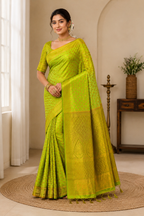 Semi Raw Silk Banarasi Saree With Zari Work| Parrot Green