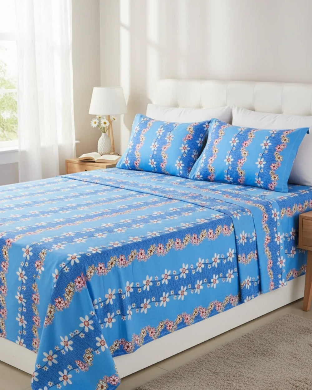 Medium| Pure Cotton Double Sheet Set (5ft x 7ft) + 2 Pillow Covers |Blue