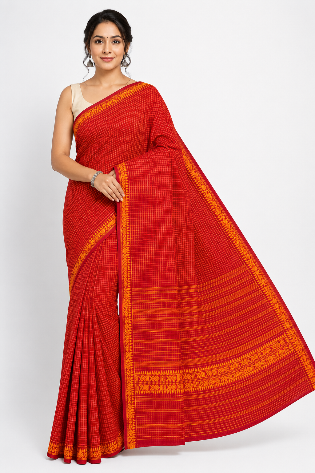 Premium Check Dhonekhali Cotton Saree| Red