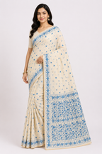Hand Katha Stitch Silk Saree| White