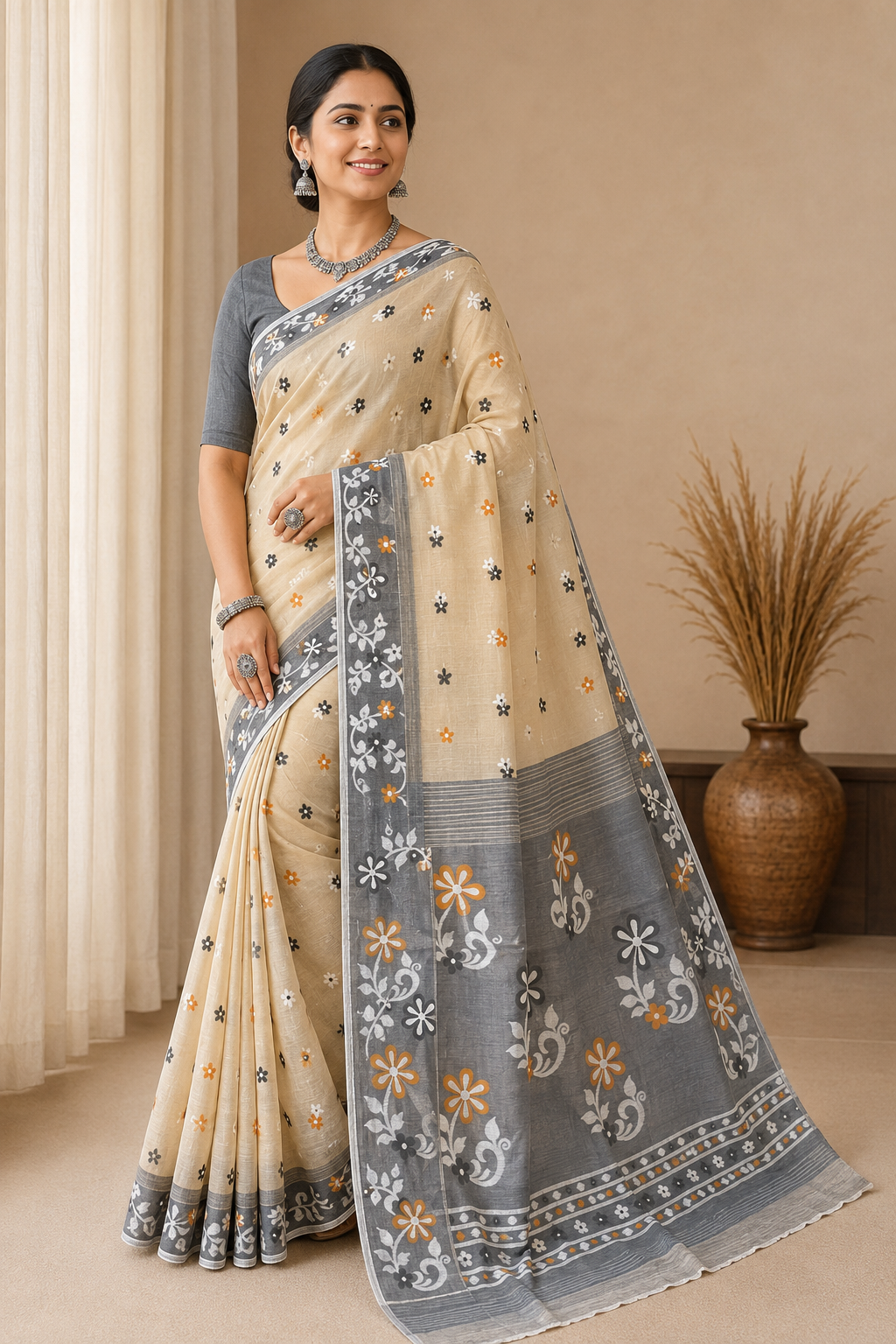 Premium Hard Dhakai Jamdani Saree| Beige