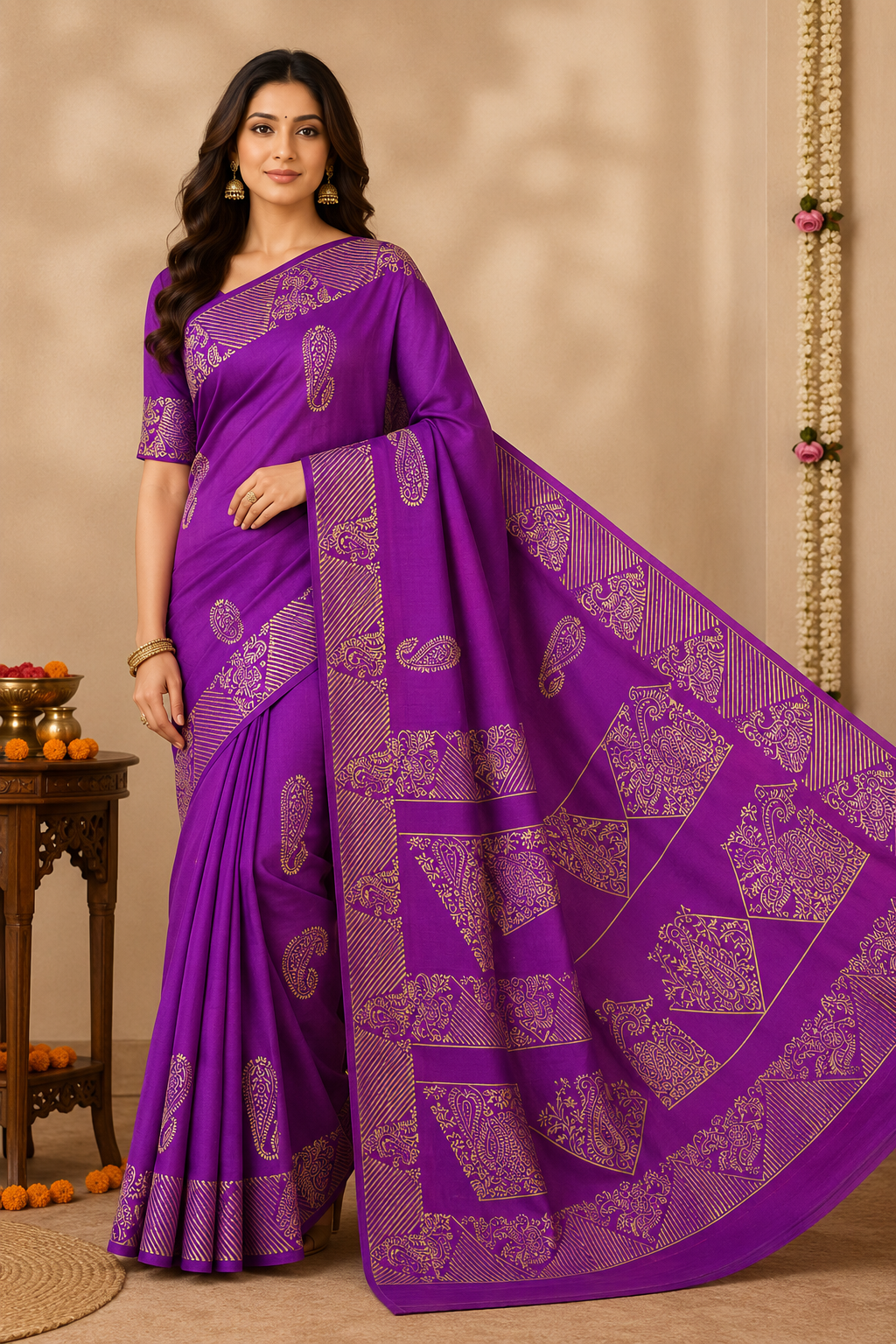 Printed Pure Katan Silk With Silkmark | Violet