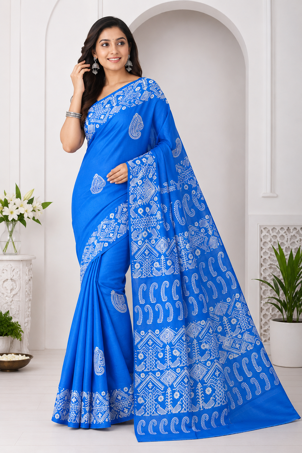 Printed Pure Katan Silk With Silkmark | Blue