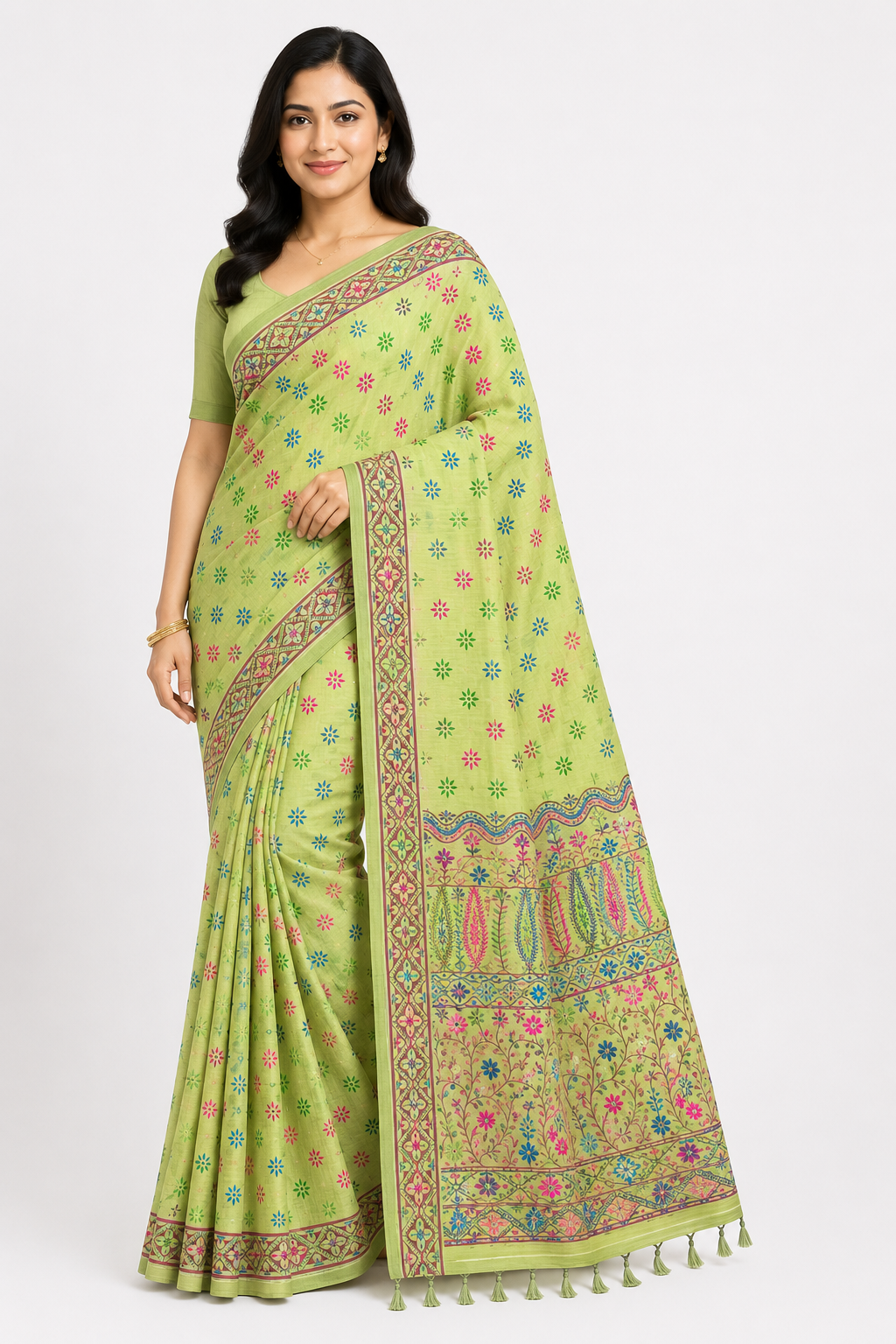 Hand Katha Stitch Silk Saree| green