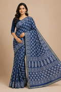 Indigo Cotton Printed Saree| Blue