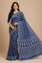 Indigo Cotton Printed Saree| Blue