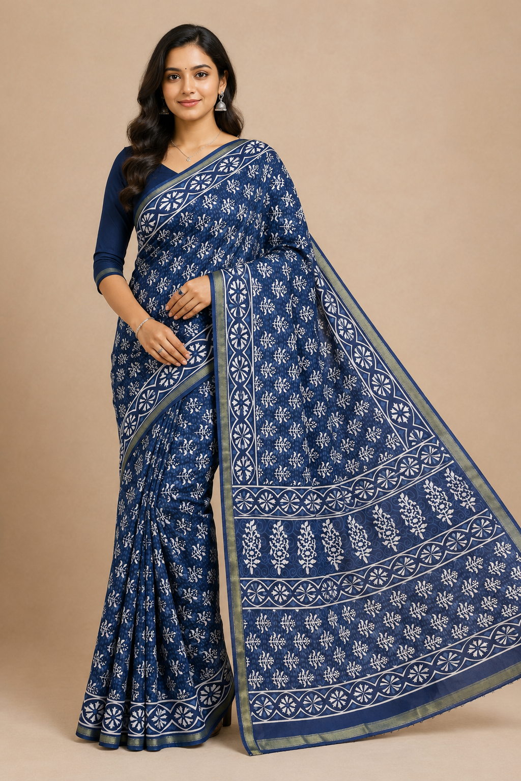 Indigo Cotton Printed Saree| Blue