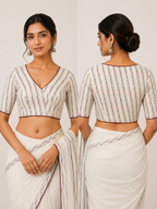 Cotton v Neck Half Sleeve Blouse | White