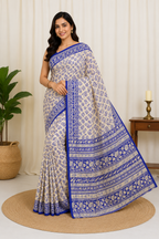 Printed Pure Katan Silk With Silkmark | White