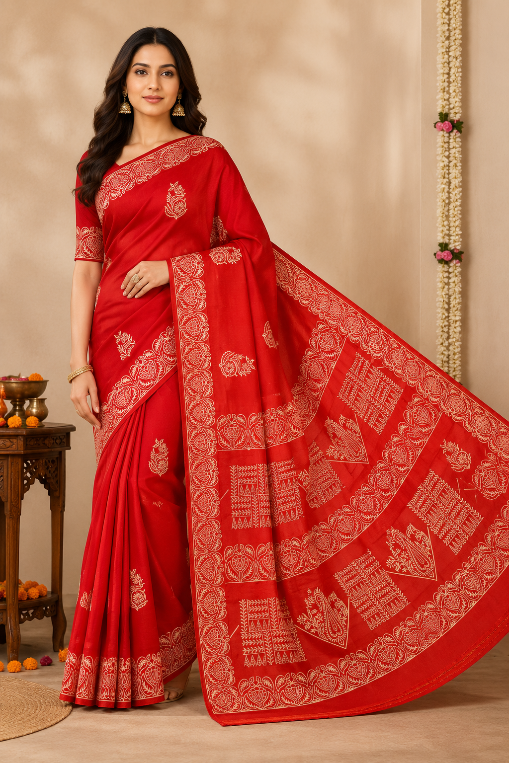 Printed Pure Katan Silk With Silkmark | Red