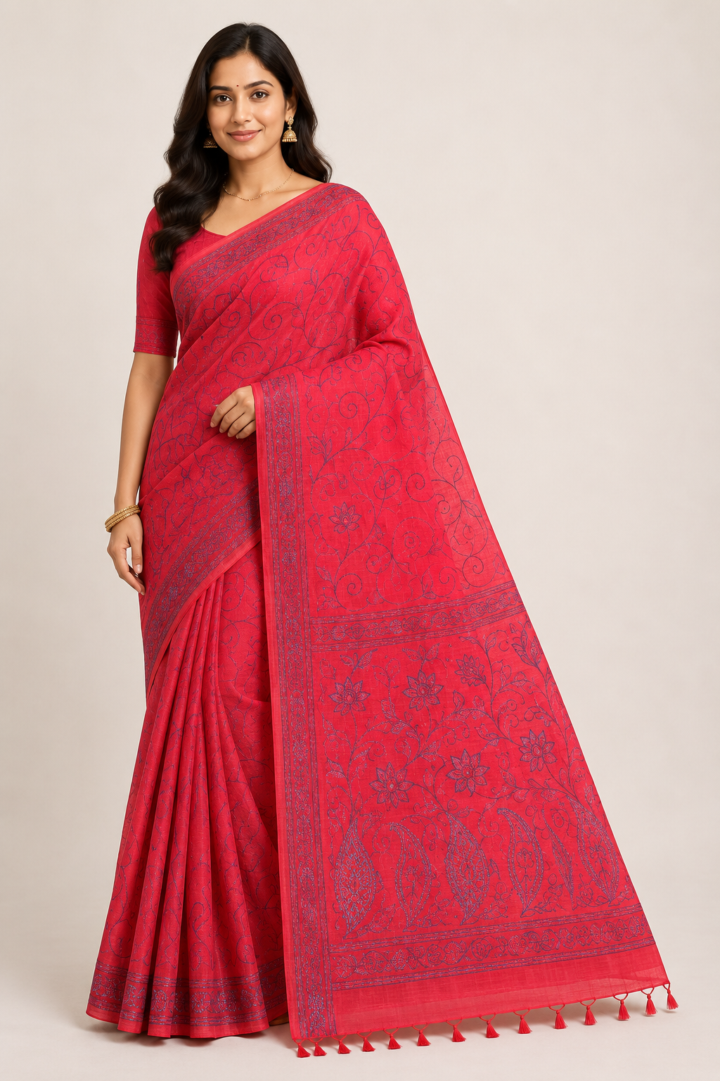 Hand Katha Stitch Silk Saree| Red