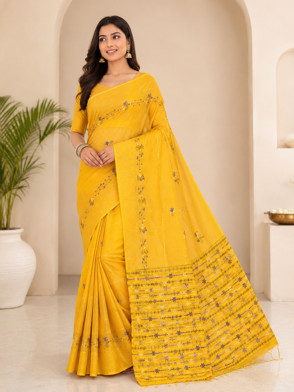 Premium Cotton Katha Stitch Saree| Yellow