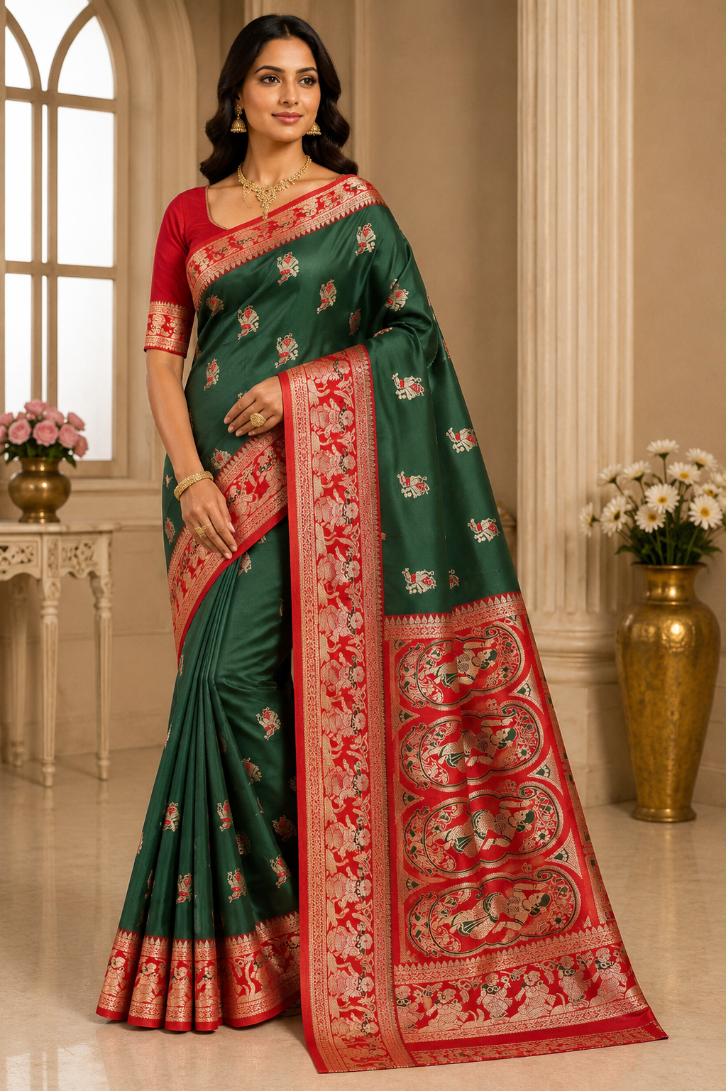Premium Sawrnachuri Silk Saree| Bottle Green