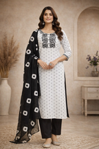 XL SIZE| Premium Cotton 3 Pieces Stitched  Kurti/Salwar Suit| White
