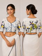 Silk Batik Round Neck Half Sleeve Blouse | White