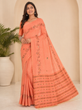Premium Cotton Katha Stitch Saree| Peach