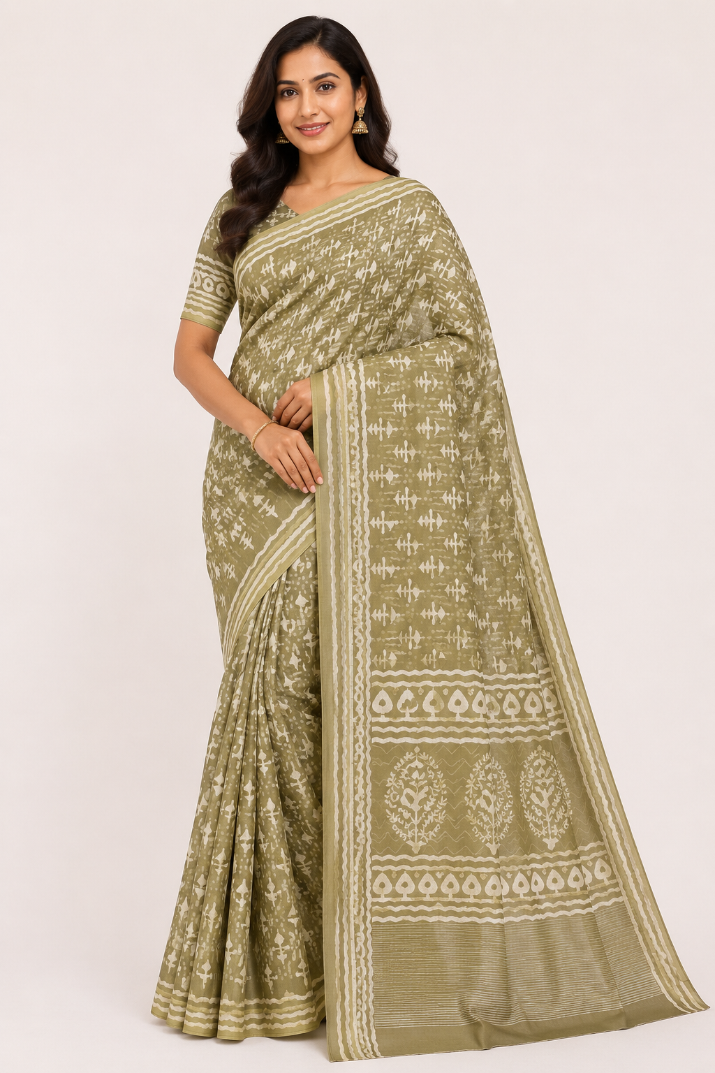 Bagru Cotton Printed Saree| Beige