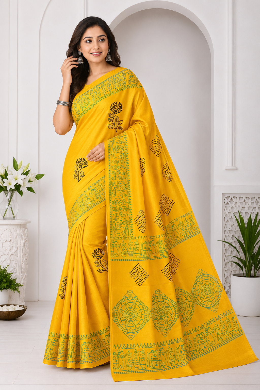 Printed Pure Katan Silk With Silkmark | Yellow