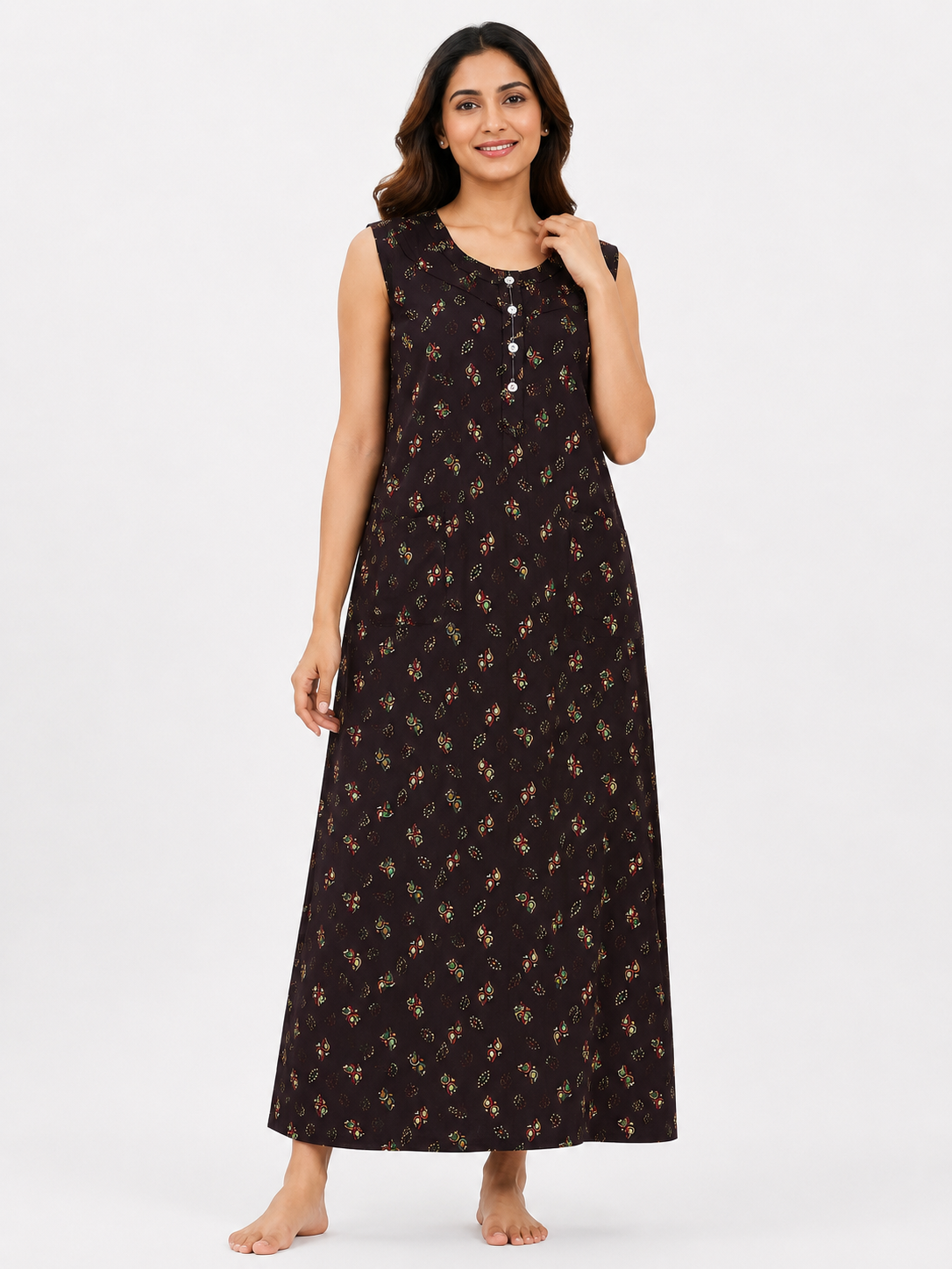 Pure Cotton Half Sleeveless Allen Cut Nighty | Brown