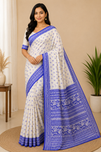 Printed Pure Katan Silk With Silkmark | White