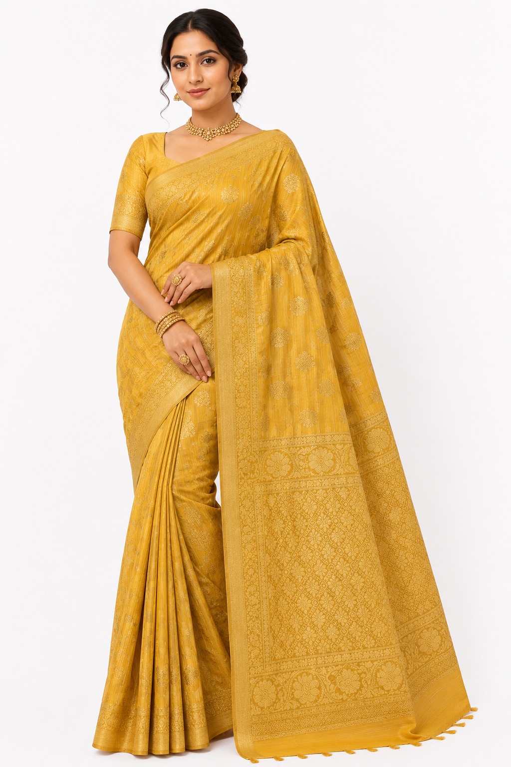 Premium Tassar Banarasi Semi Silk Saree| Yellow