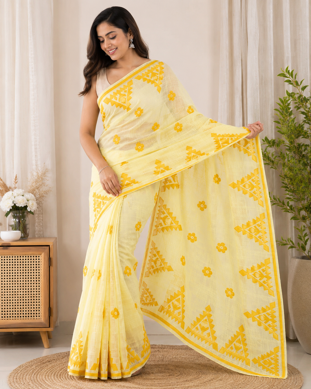 Pure Resham Kota Stitch work Applique  Cotton Saree| Yellow