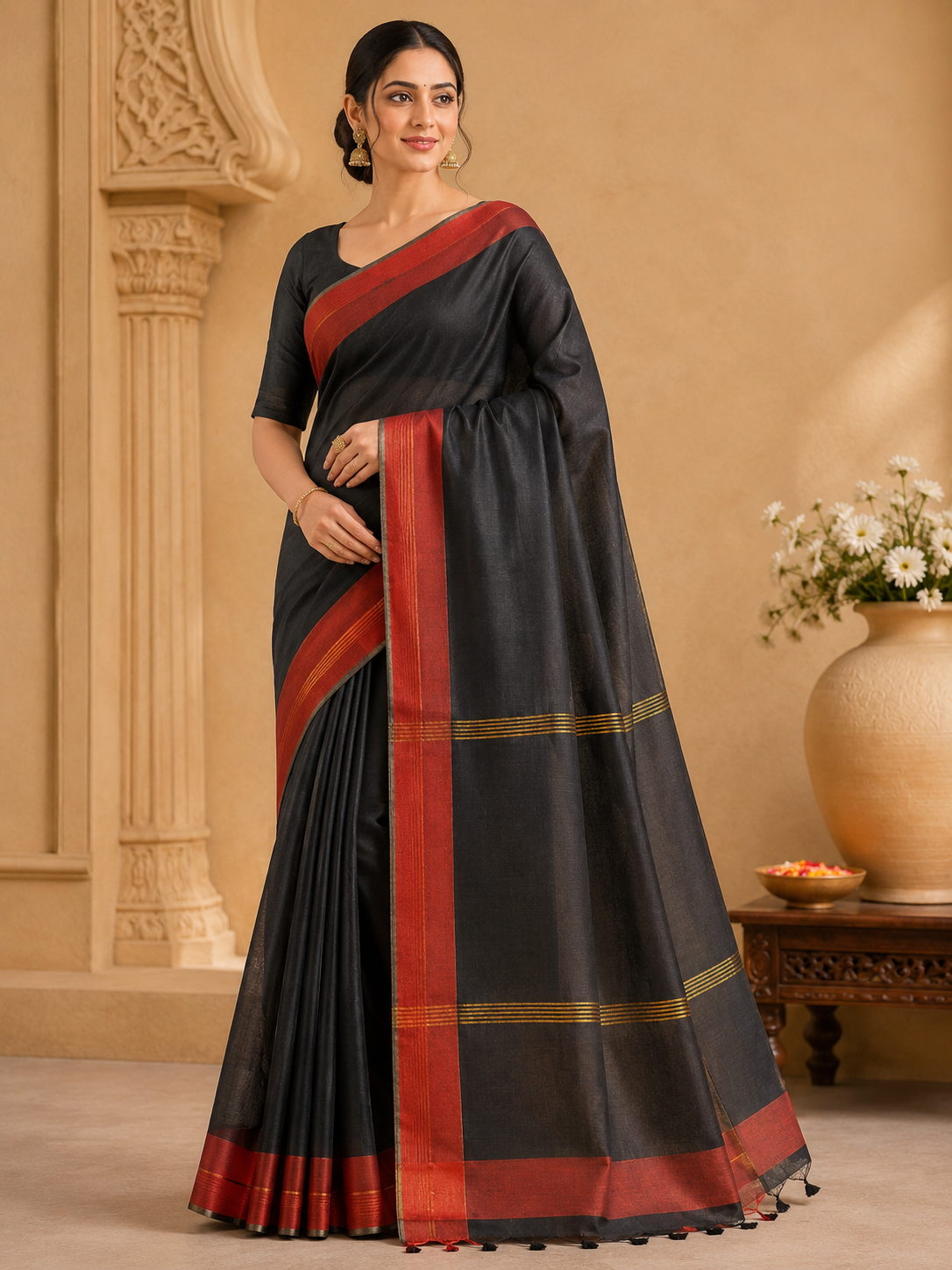 Plain Lilen Saree| Black