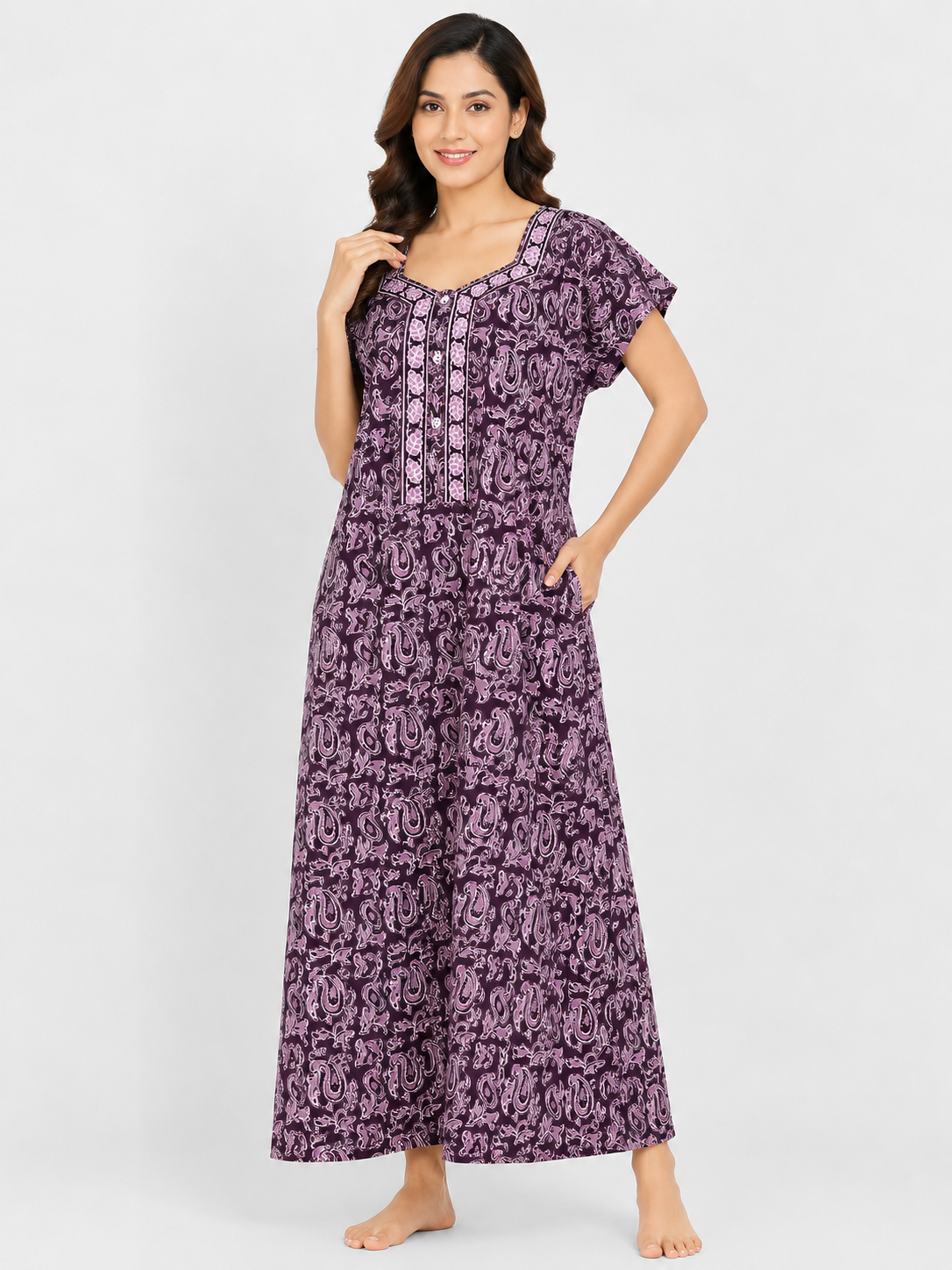 Pure Cotton Half Sleeve Allen Cut Nighty | Purple