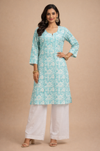 4XL Size| Premium Cotton Printed Kurti | Sky Blue