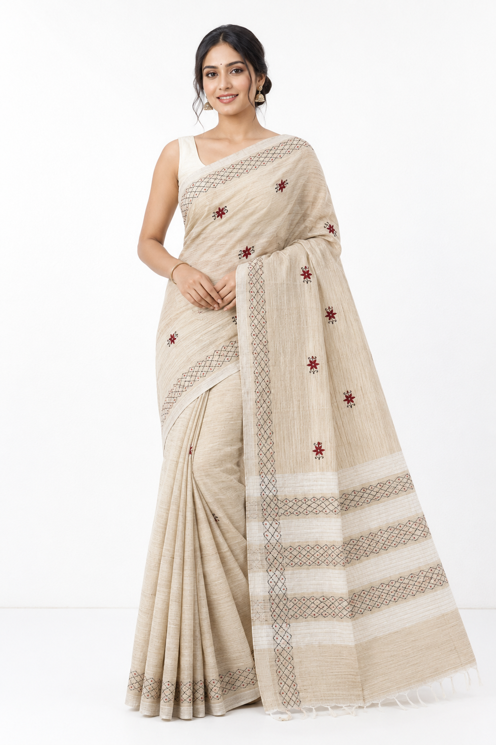 Semi Tassar Silk Saree With Stitch-work | Beige