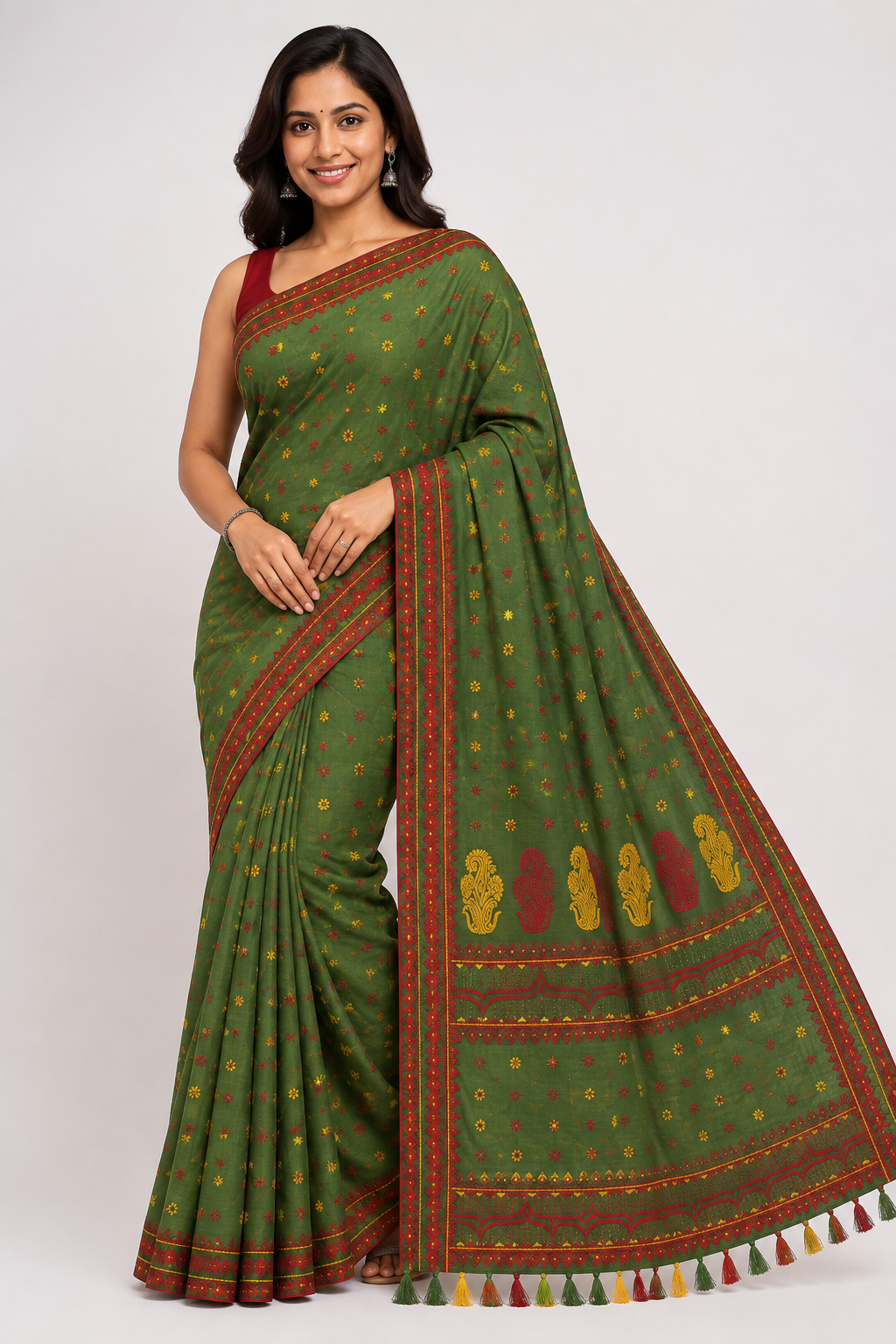 Premium Stitch Work Assam Silk Saree| Olive Green