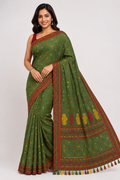 Premium Stitch Work Assam Silk Saree| Olive Green