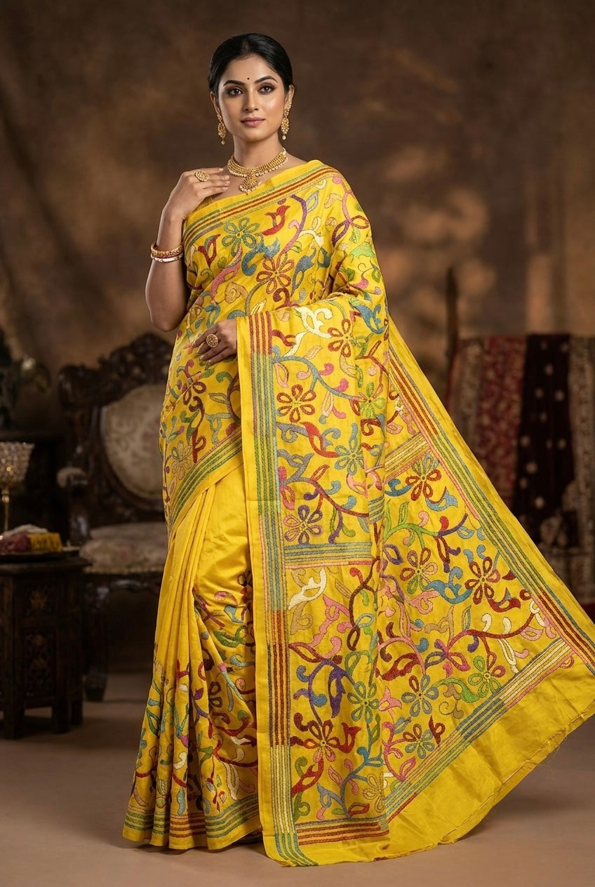 Pure Katha Stitch Silk Saree With Silkmark | Yellow