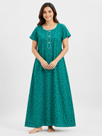 XXL Size| Pure Cotton Round Neck Sleeve Nighty | Green