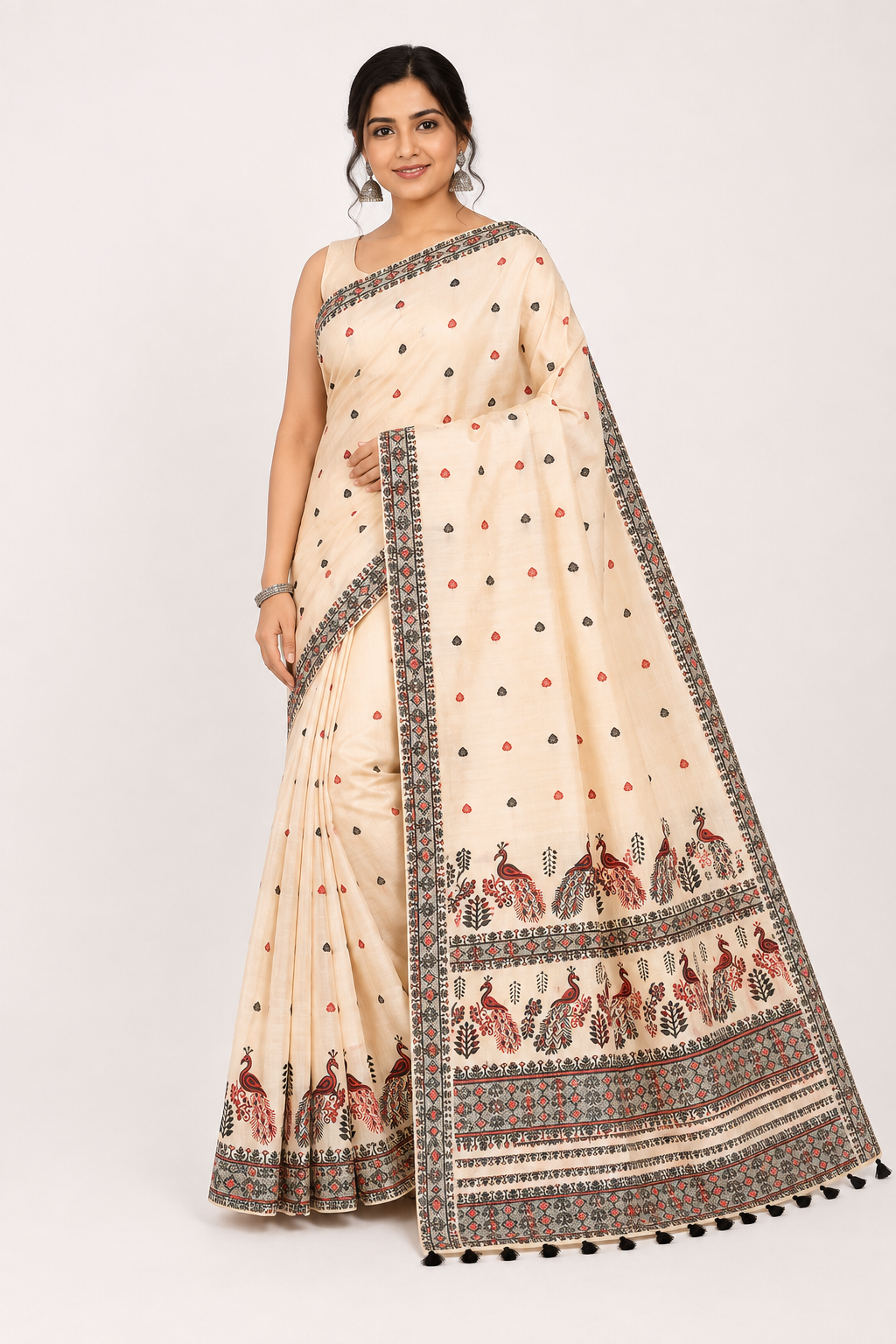 Premium Stitch Work Assam Silk Saree| Beige