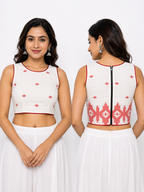 Cotton Boat Neck Sleeveless Jamdani Blouse | White
