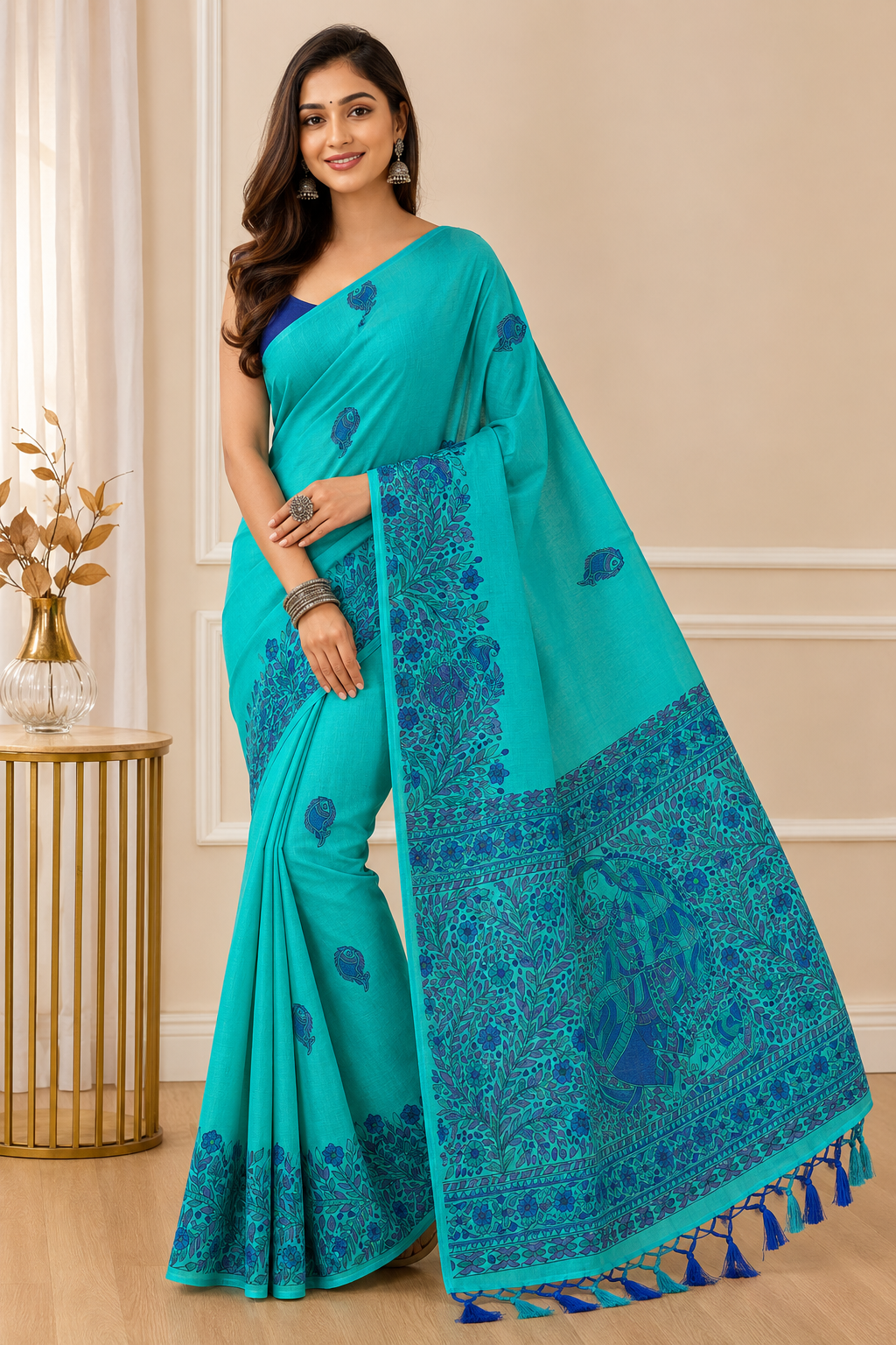 Semi Madhubani Silk Saree| Green