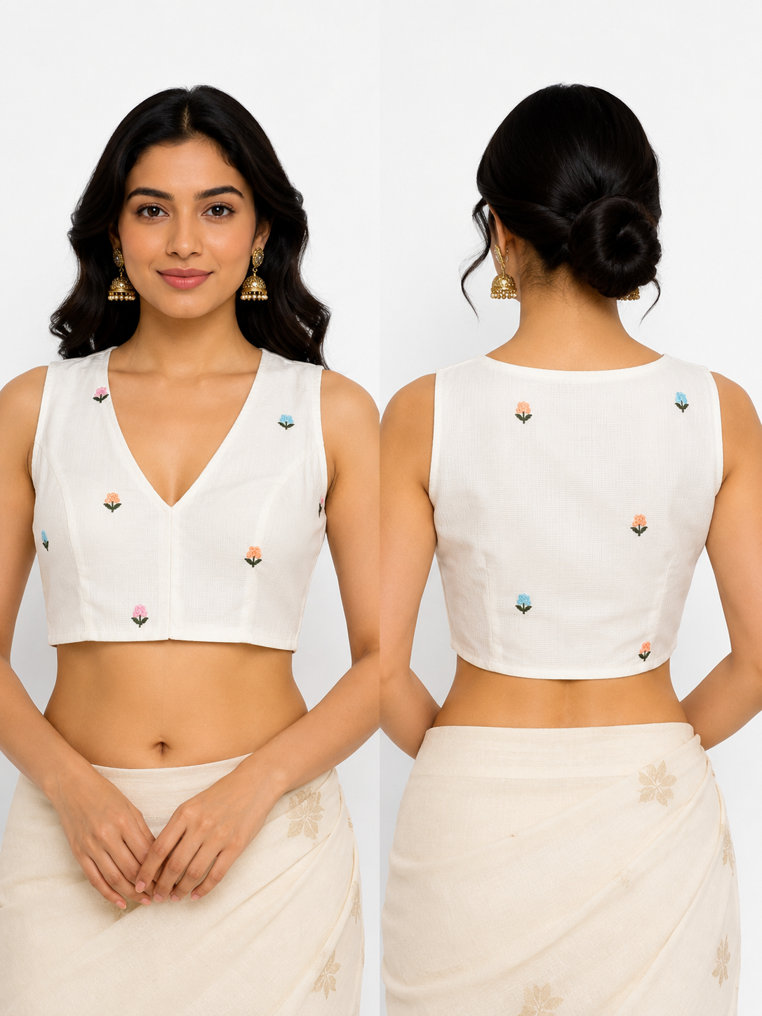 Net V Neck Sleeveless Silk Blouse | White