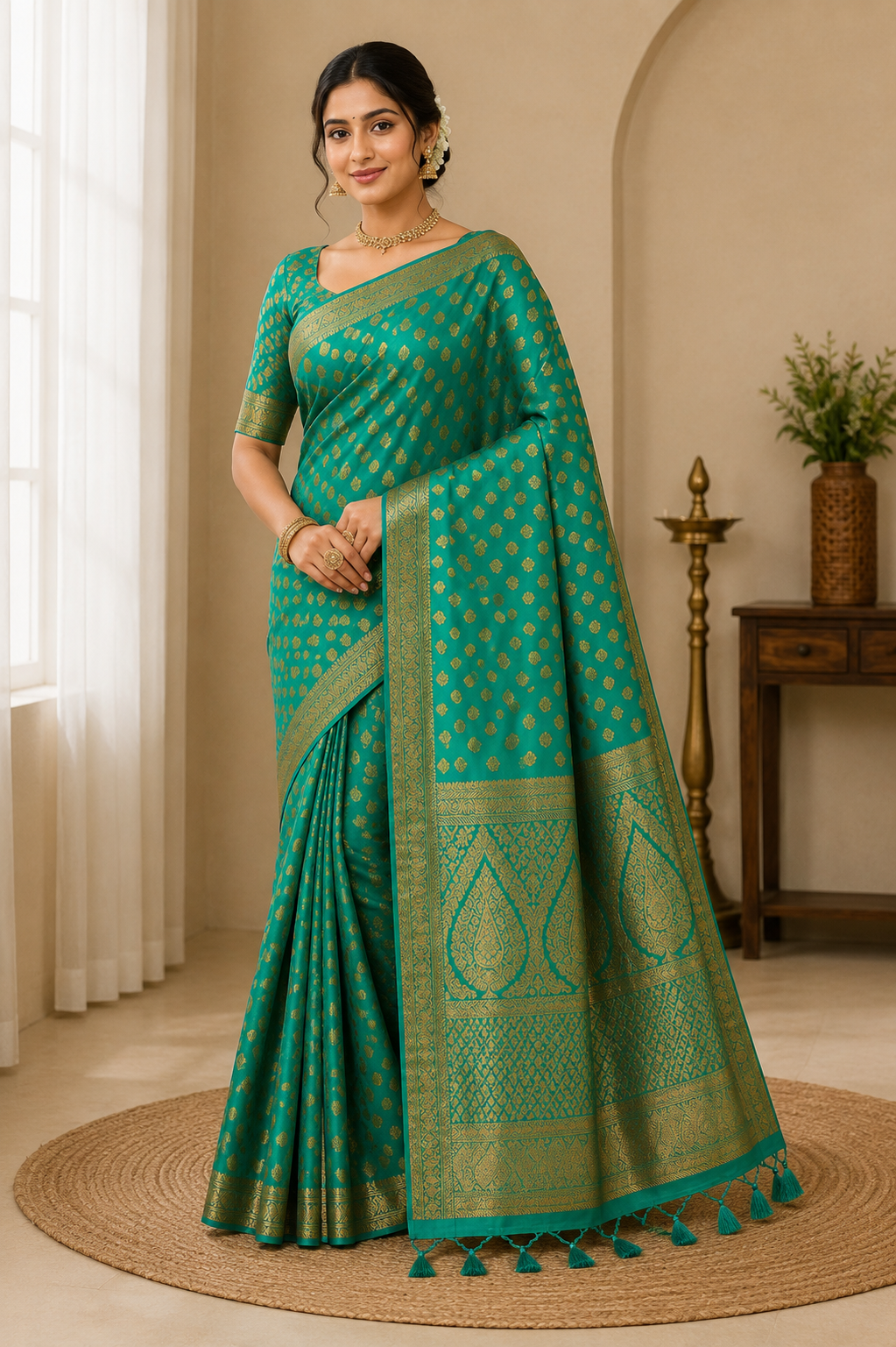 Semi Raw Silk Banarasi Saree With Zari Work| Green