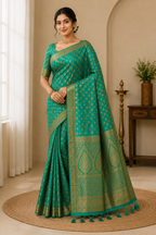 Semi Raw Silk Banarasi Saree With Zari Work| Green