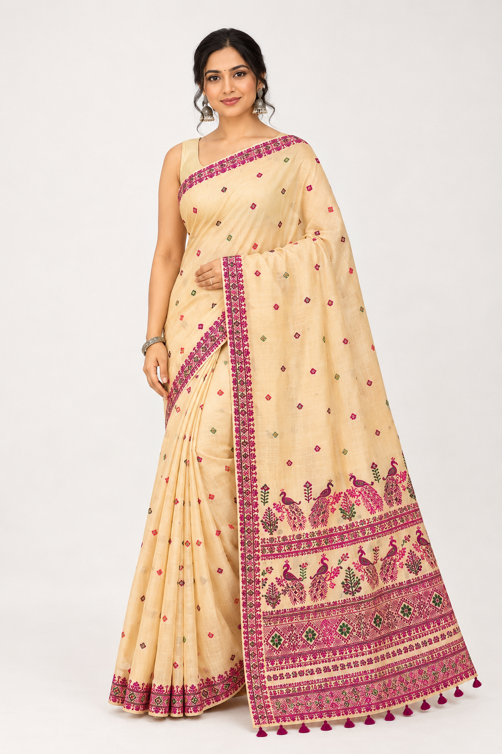 Premium Stitch Work Assam Silk Saree| Beige