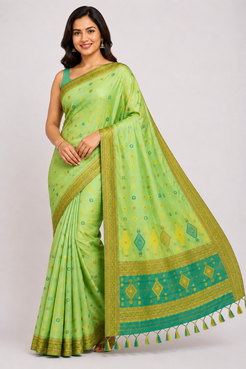 Premium Stitch Work Assam Silk Saree| Parrot Green