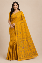 Hand Katha Stitch Silk Saree| Yellow