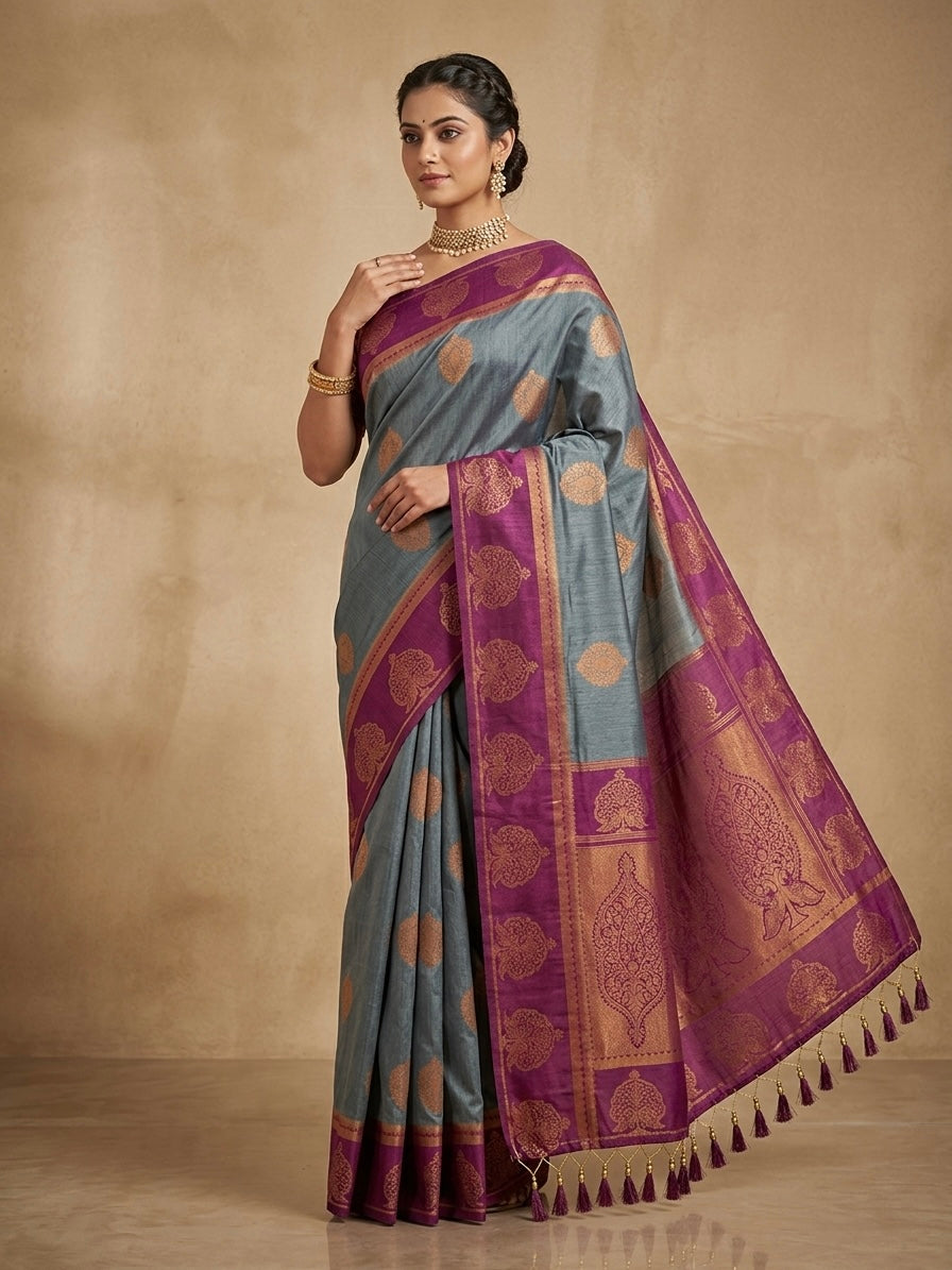 Beautiful Heavy Zari Work Premium Silk Saree| Grey