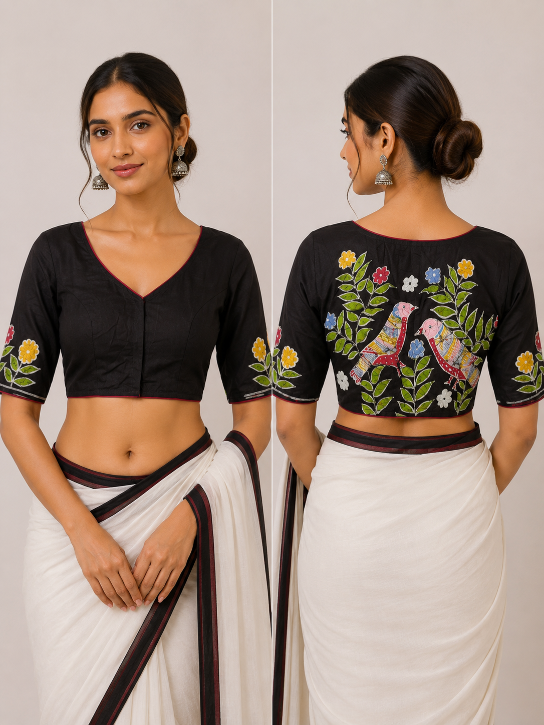 Silk Batik Round Neck Half Sleeve Blouse | Black